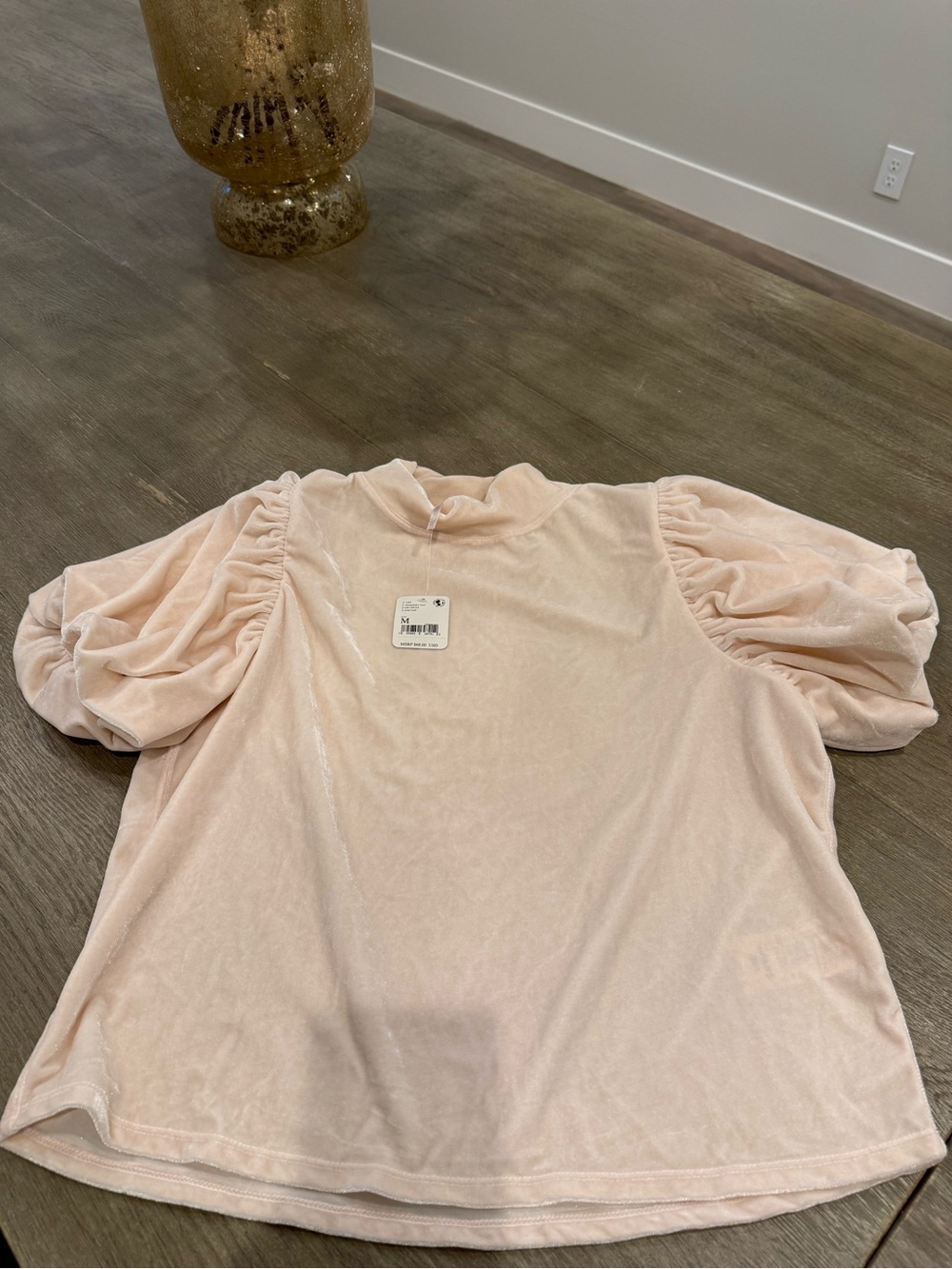 NWT! Free People Velvet Puff-Sleeve Tee - Nude/Tan Blush/Pink